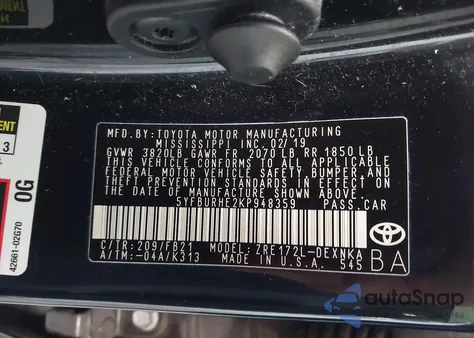 2019 Toyota Corolla Le from USA, damaged, VIN 5YFBURHE2KP948359